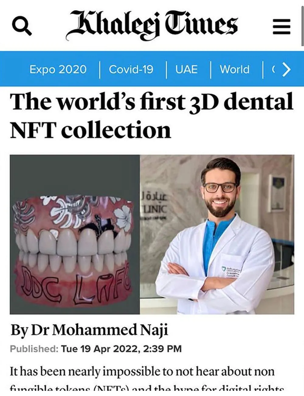 Khaleej Times article by Dr. Mohammed Naji about a 3D dental NFT collection