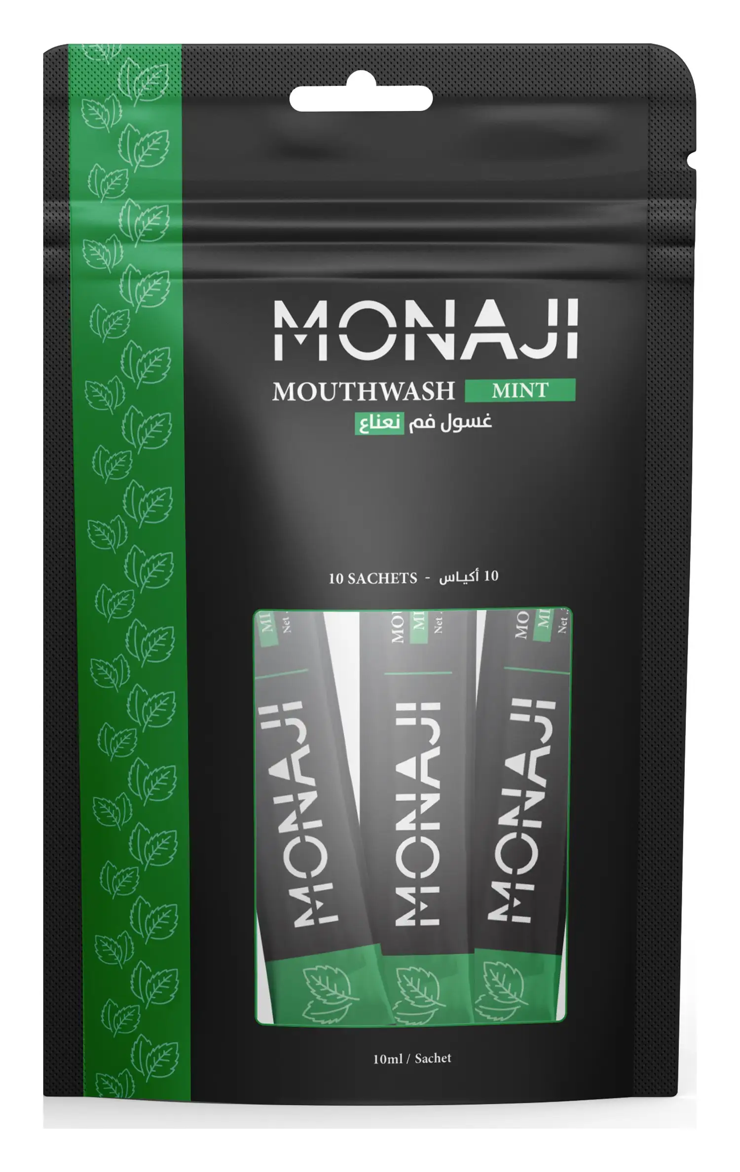 A pack of ten MONAJI mint mouthwash sachets, 10 ml each