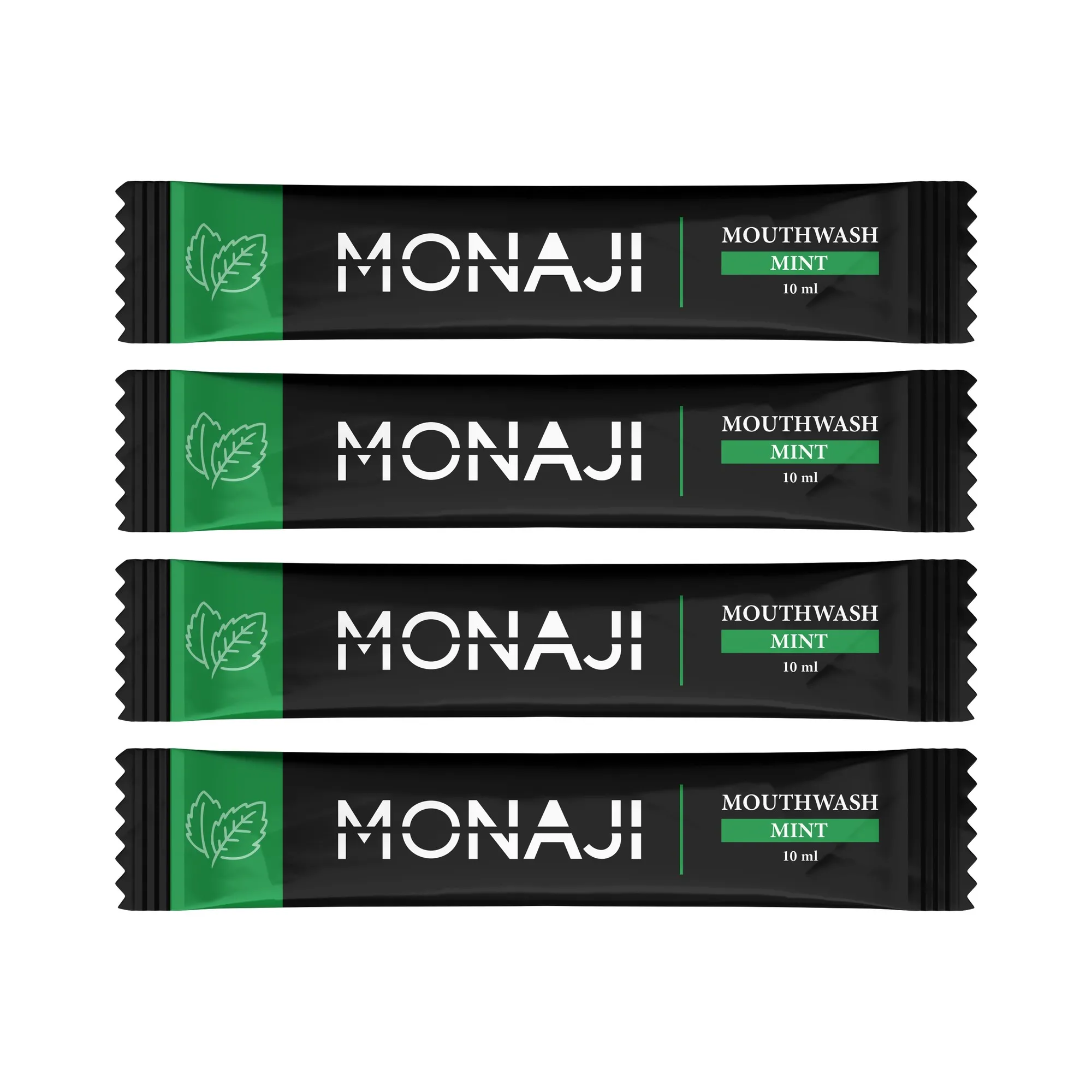 Four MONAJI mint mouthwash sachets, 10 ml each