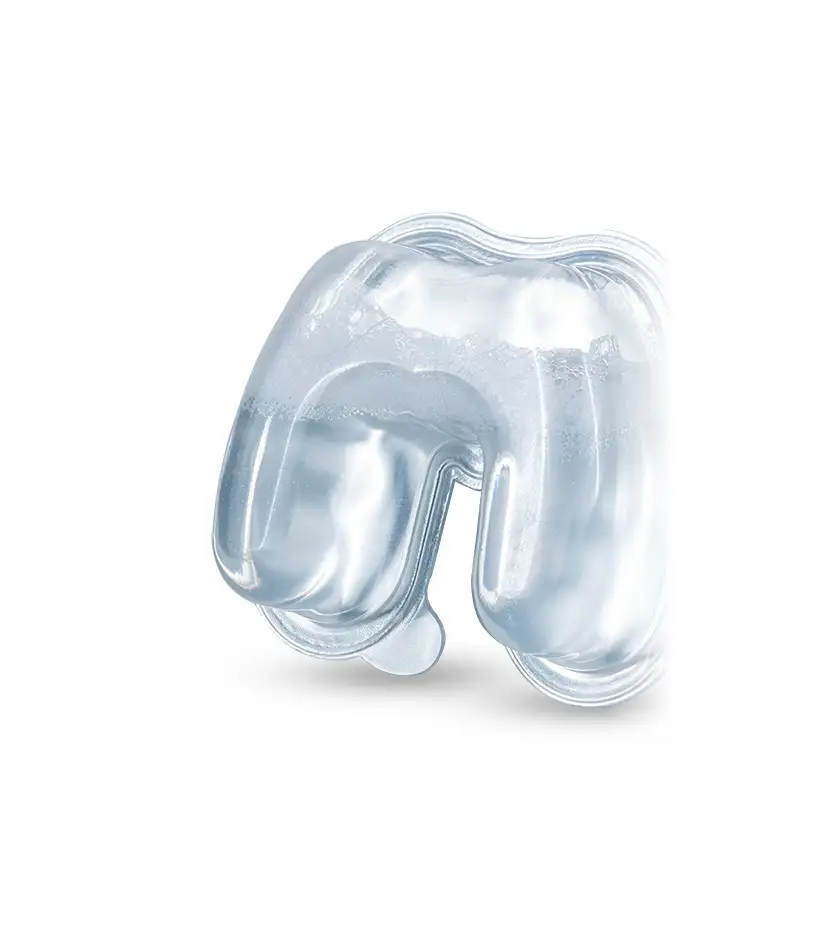A clear MONAJI aligner-cleaner pod, shaped like a dental arch