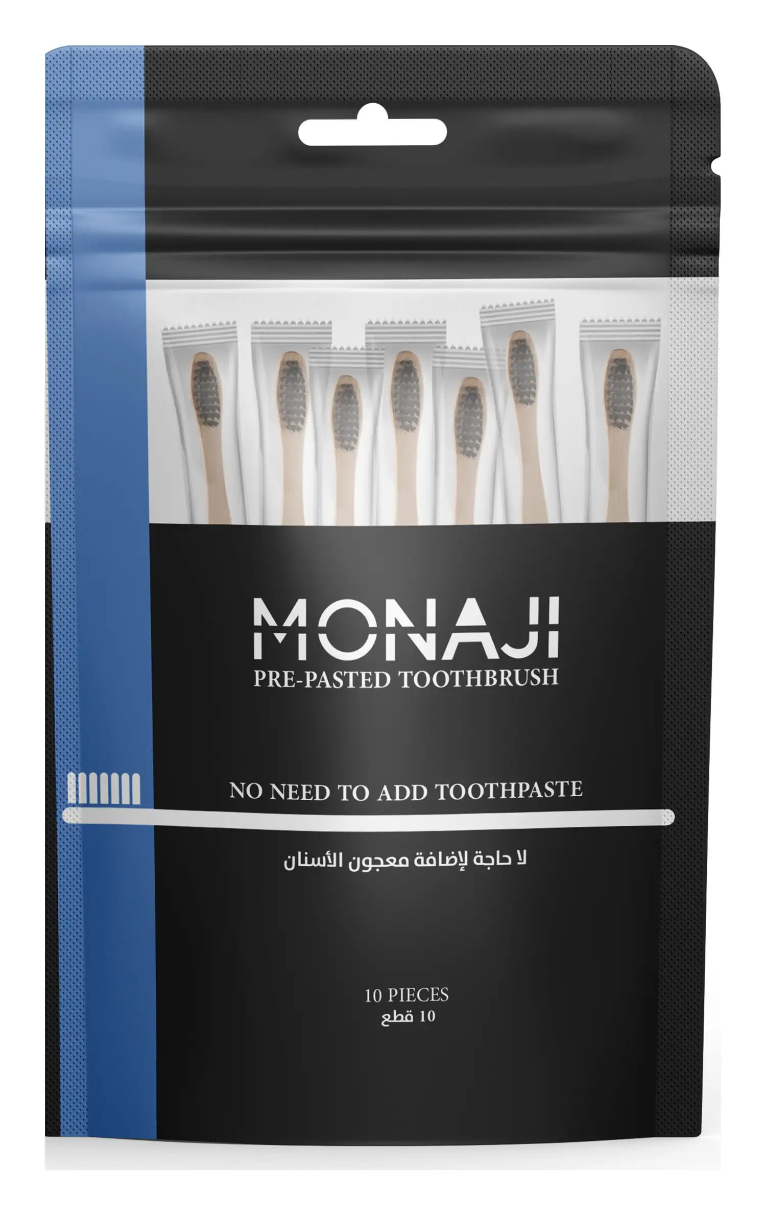 A pack of ten MONAJI pre-pasted toothbrushes