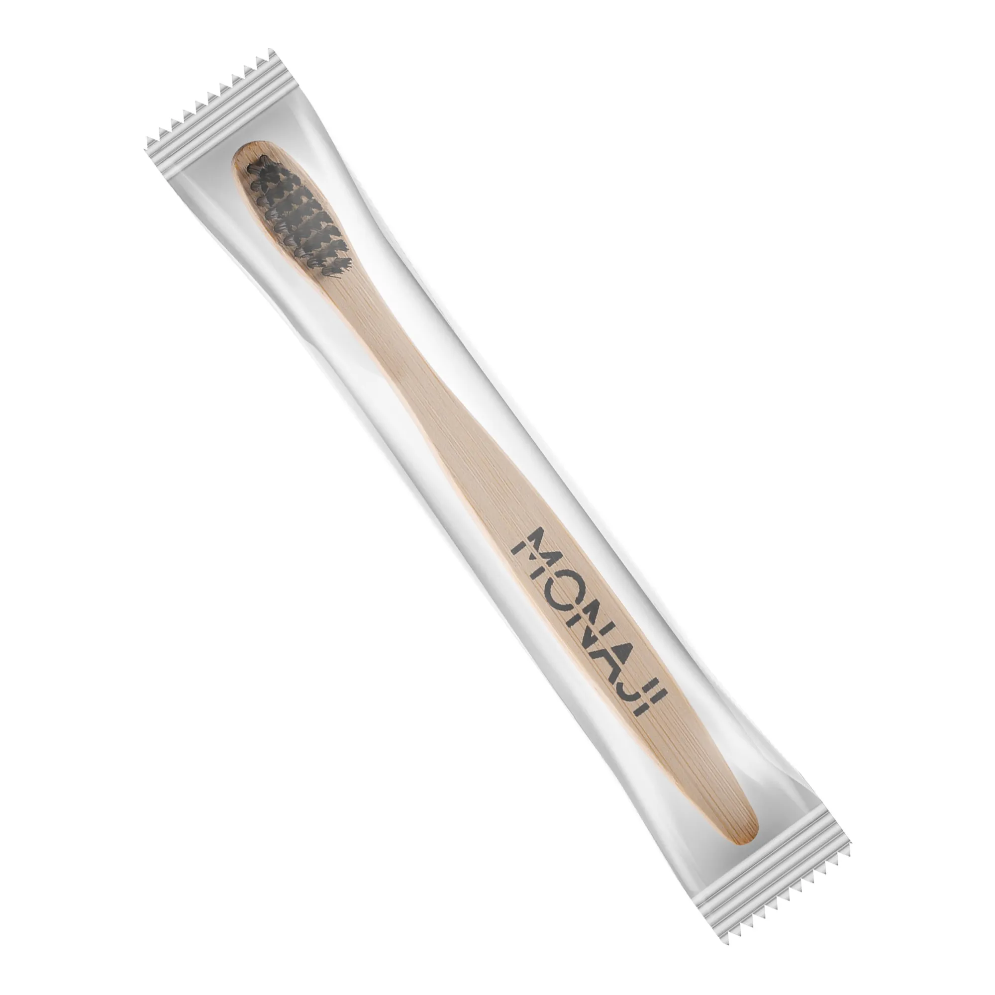 One MONAJI toothbrush in its own clear wrapper, with the name on the bamboo handle